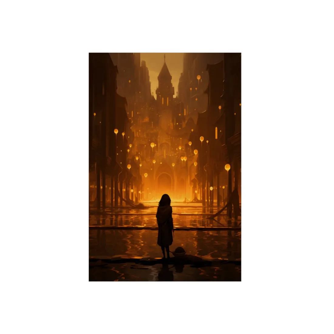 Golden City of Lights: Fantasy Cityscape - Metal Poster