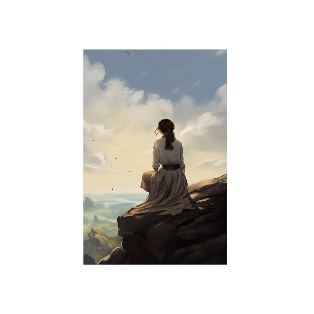 Golden Cliffside: Woman in White Overlooking the Horizon - Metal Poster