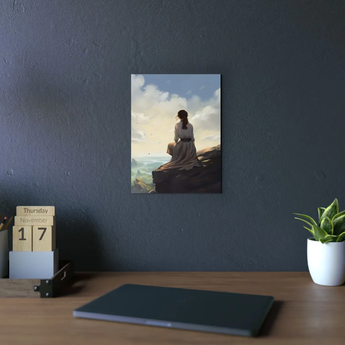 Golden Cliffside: Woman in White Overlooking the Horizon - Metal Poster