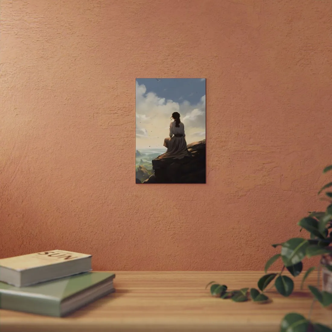 Golden Cliffside: Woman in White Overlooking the Horizon - Metal Poster