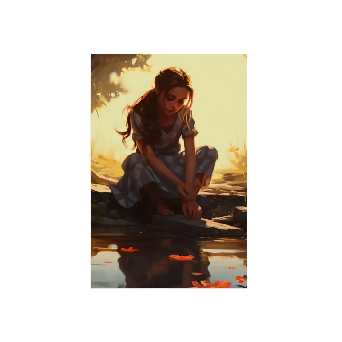 Golden Hour by the Water: Woman in a Checkered Dress - Metal Poster