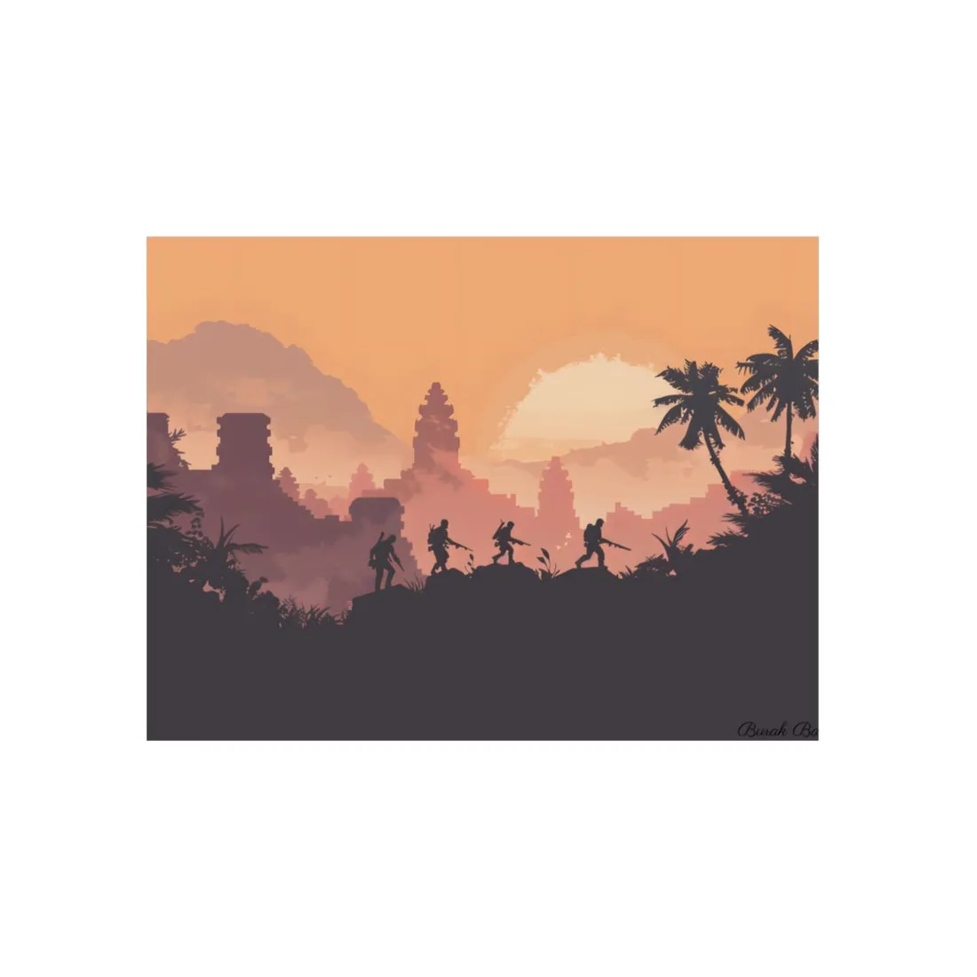 Golden Hour Temple Trek: Explorers Silhouette Art - Metal Poster