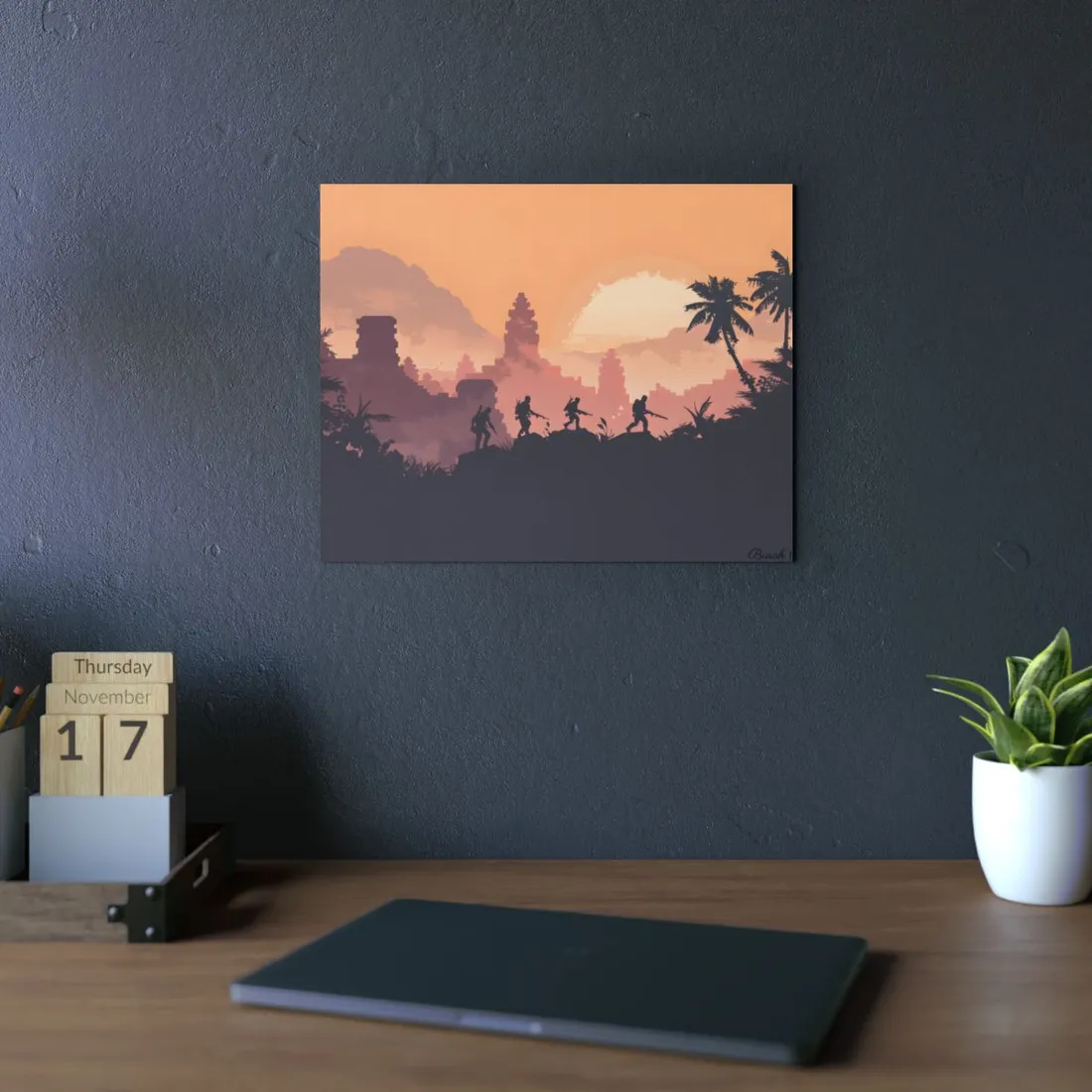Golden Hour Temple Trek: Explorers Silhouette Art - Metal Poster