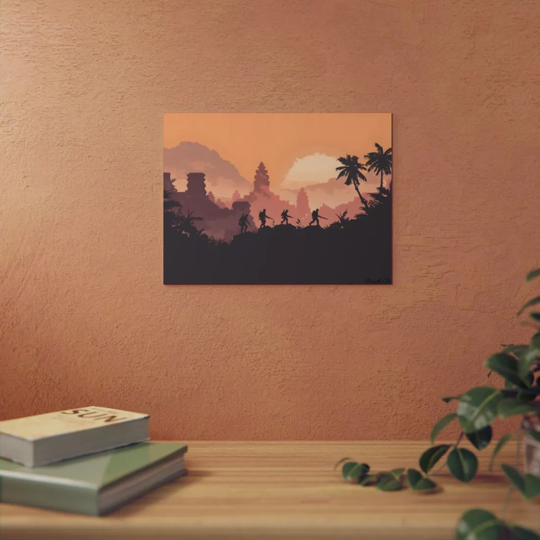Golden Hour Temple Trek: Explorers Silhouette Art - Metal Poster