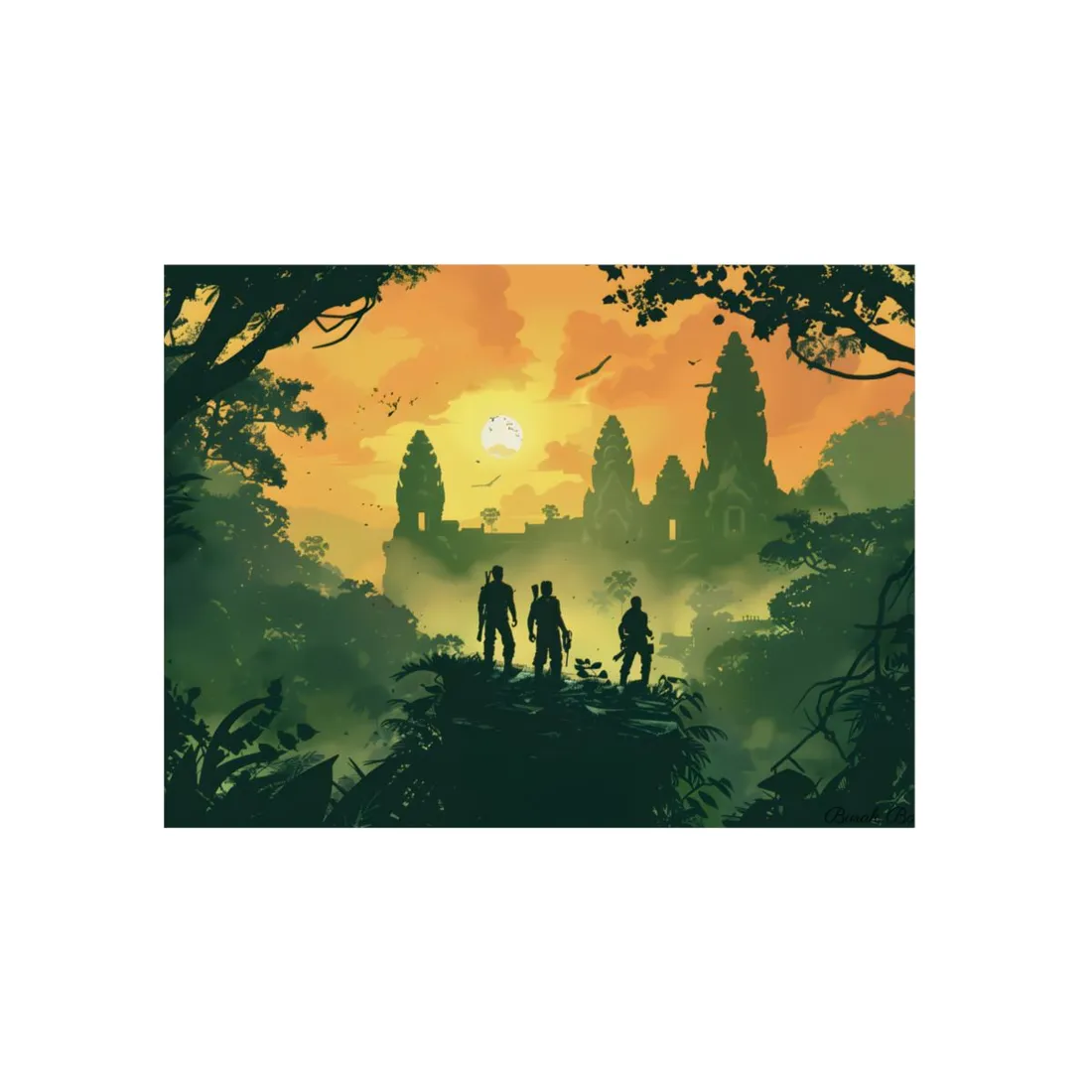 Golden Jungle Temple: Warm-Toned Silhouette Adventure - Metal Poster