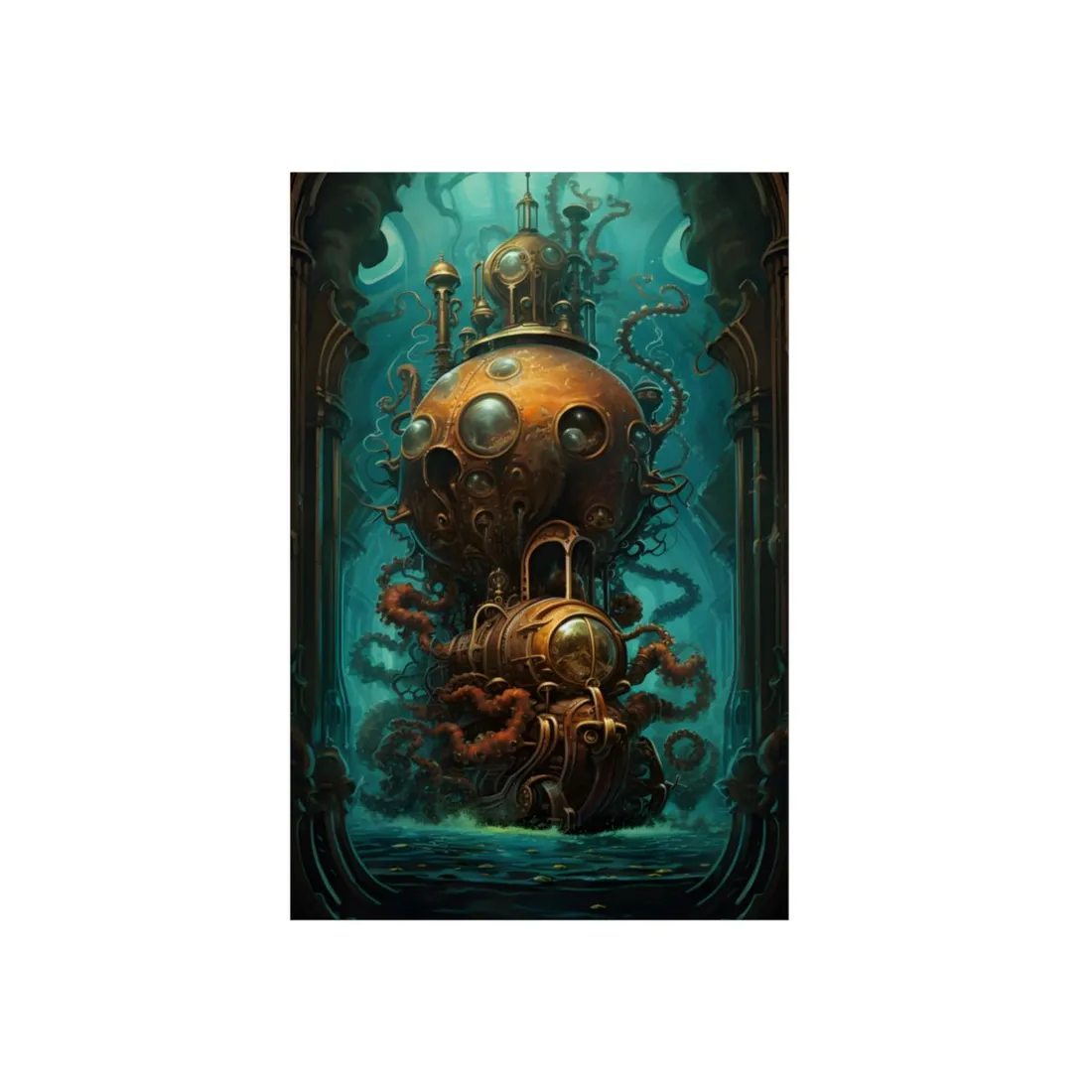 Golden Mechanical Octopus: Steampunk Submersible - Metal Poster