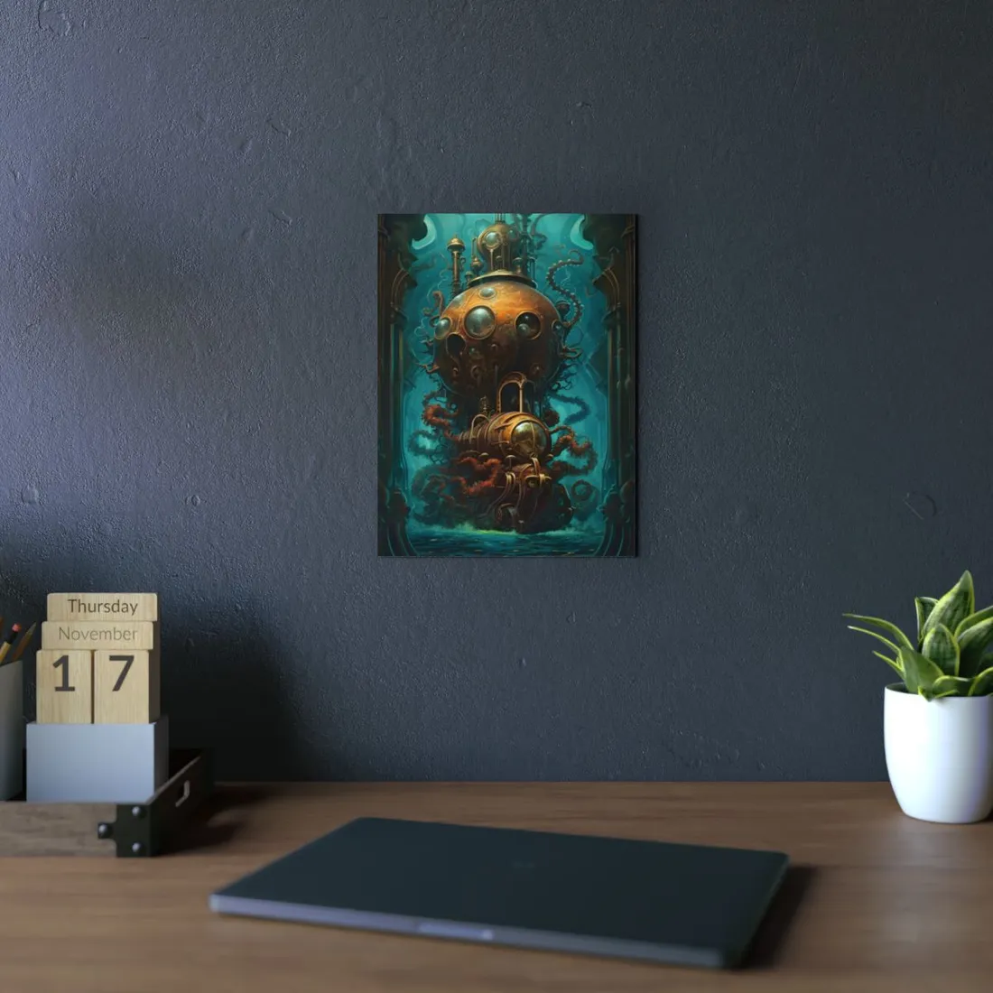 Golden Mechanical Octopus: Steampunk Submersible - Metal Poster