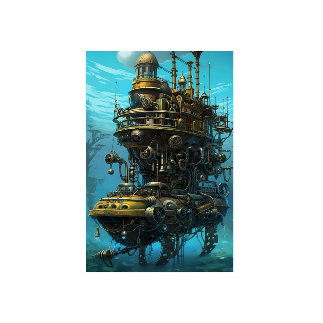 Golden Steampunk Fortress: Floating Mechanical Vessel - Metal Poster