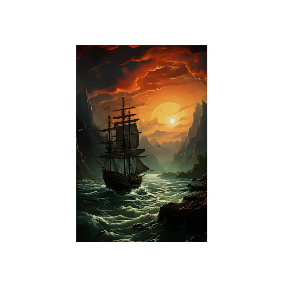Golden Sunset Voyage: Ship at Sea Oil Painting - Metal Poster