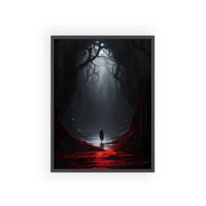 Hooded Figure in Dark Forest Framed Poster