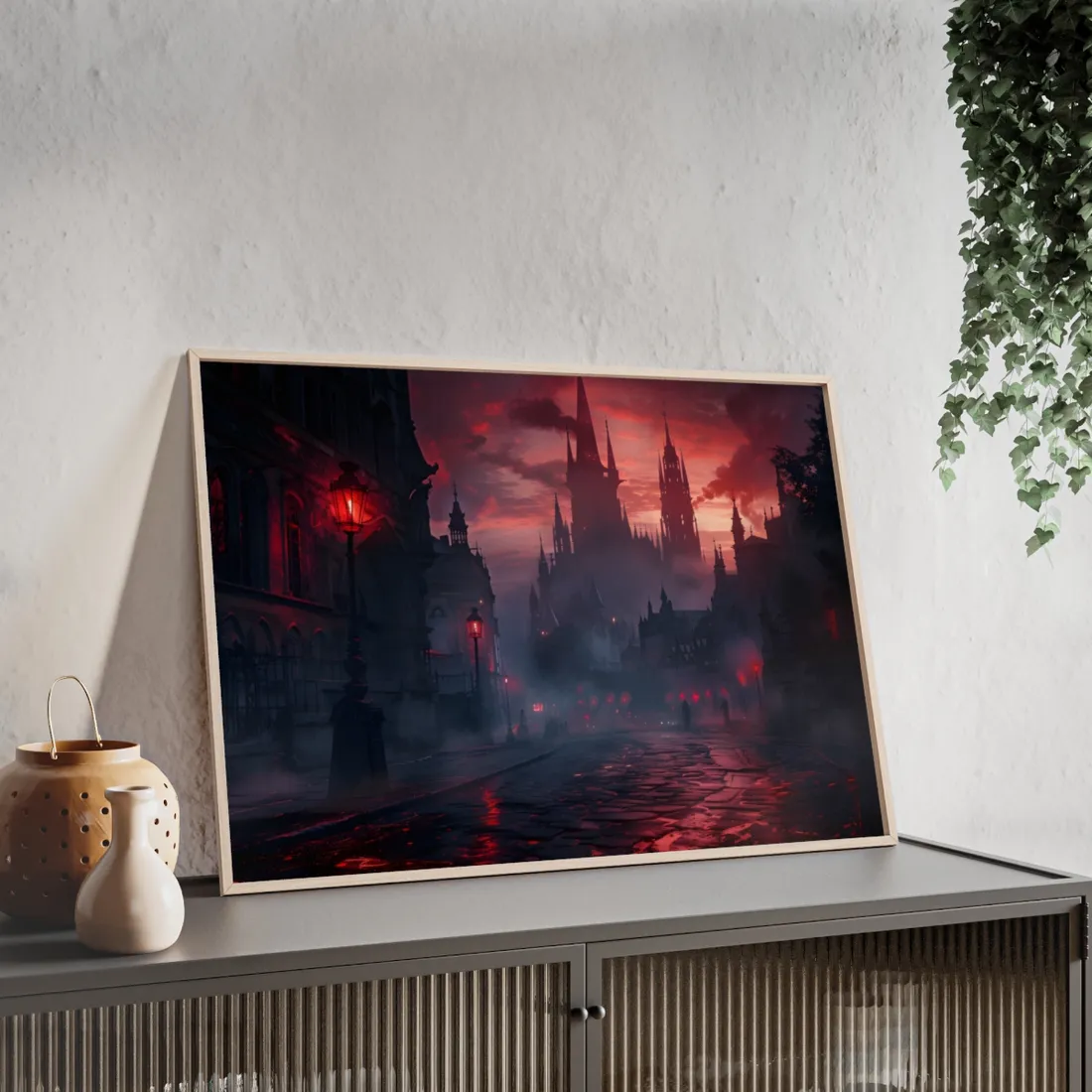 Gothic City Dusk: Pointed Arches and Misty Atmosphere - Framed Poster