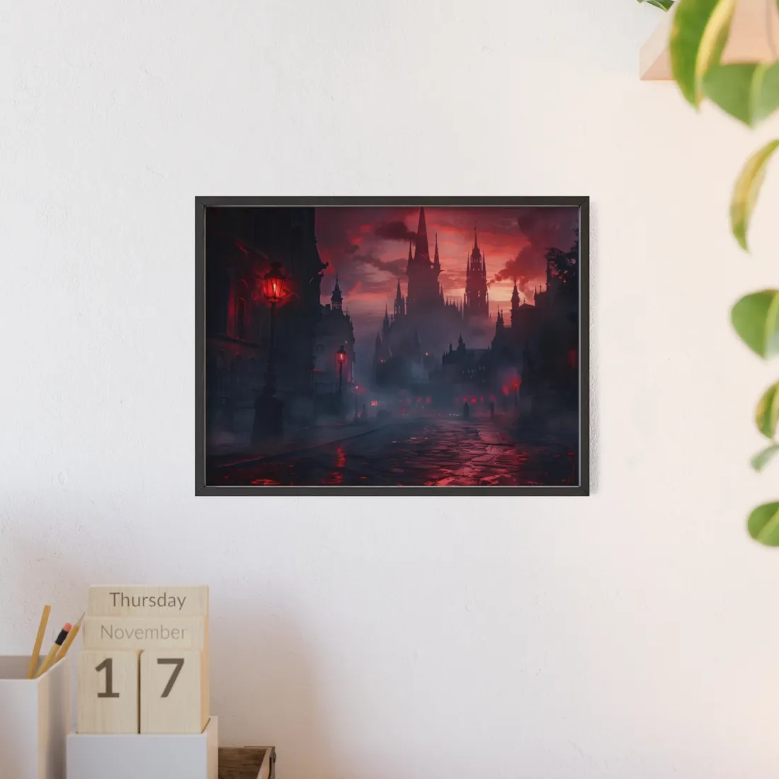 Gothic City Dusk: Pointed Arches and Misty Atmosphere - Framed Poster