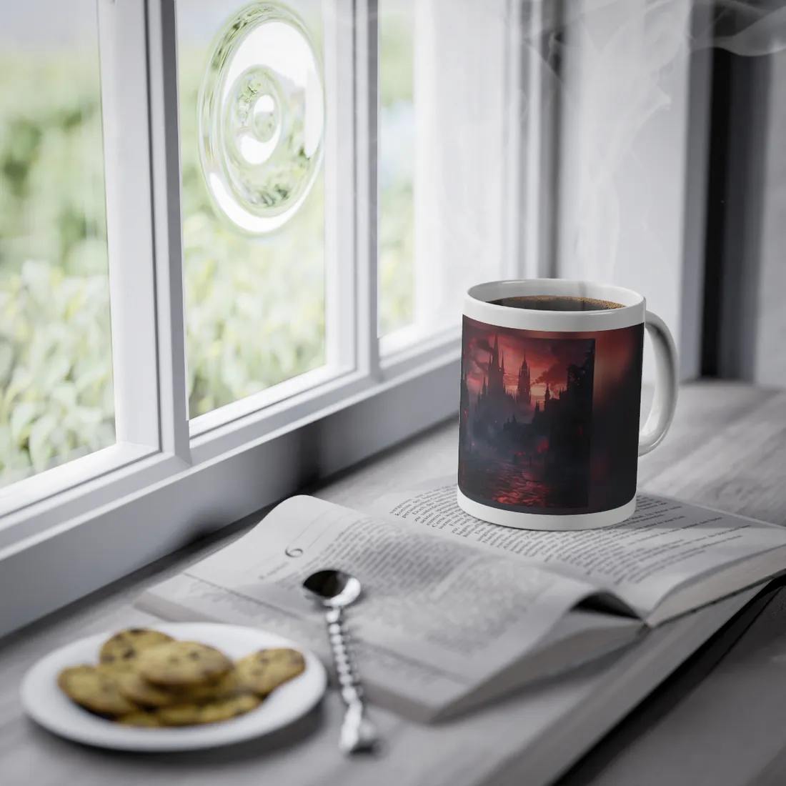 Gothic City Dusk: Pointed Arches and Misty Atmosphere - Mug