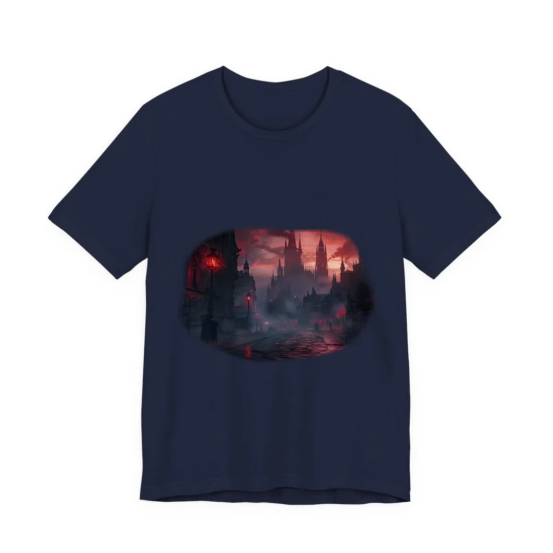 Gothic City Dusk: Pointed Arches and Misty Atmosphere - T-Shirt (Navy)