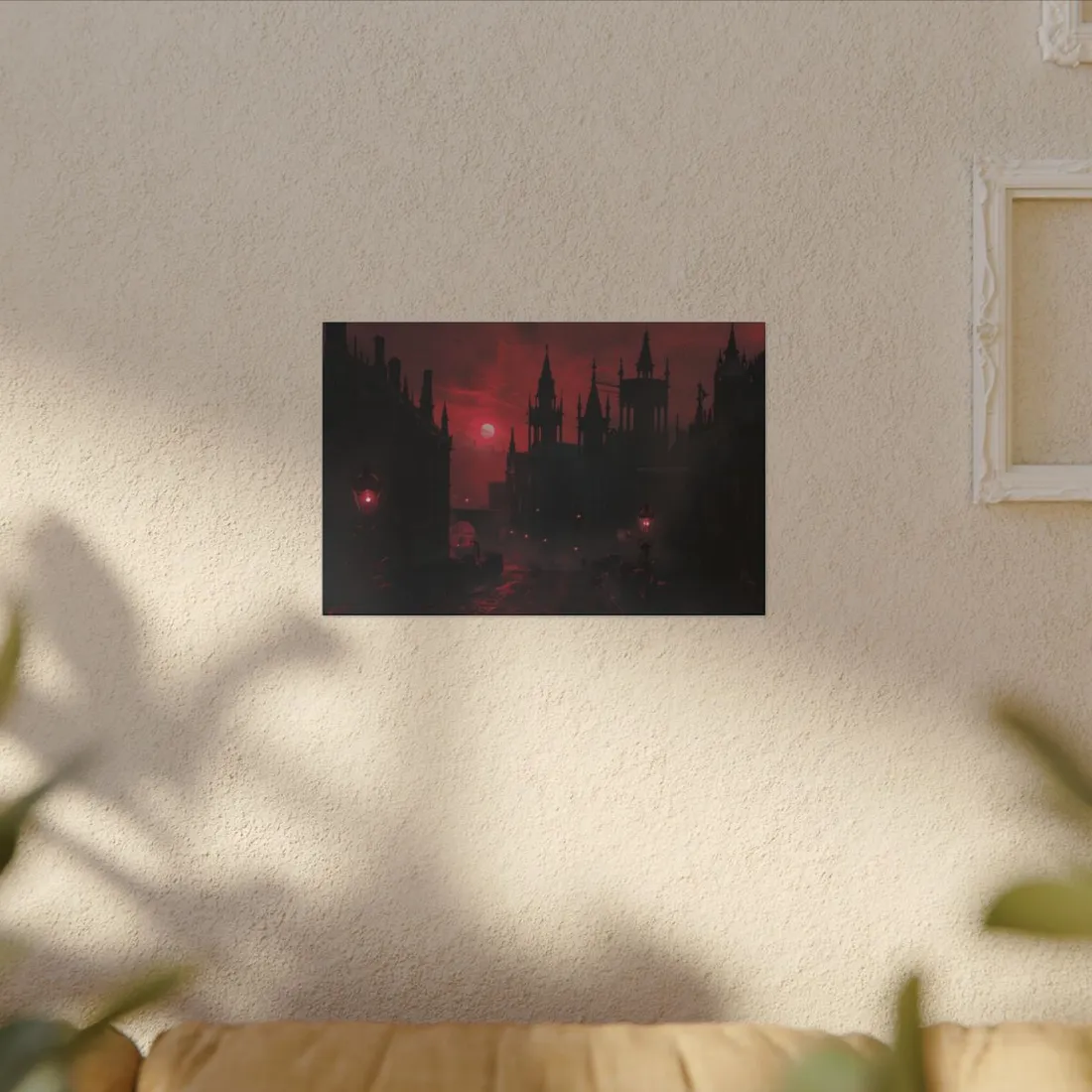 Gothic Cityscape at Dusk: Ethereal Misty Architecture Art - Canvas
