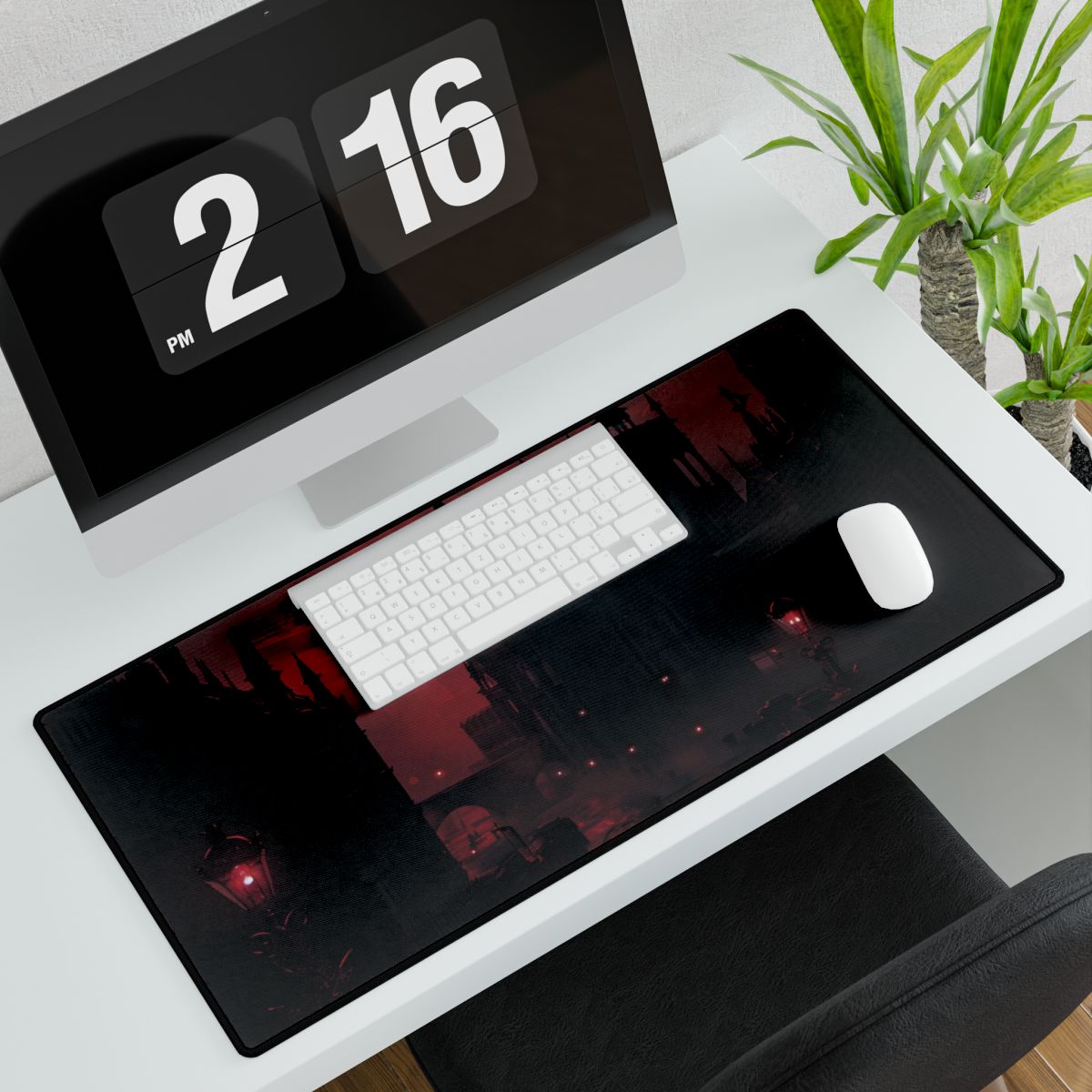 Gothic Cityscape at Dusk: Ethereal Misty Architecture Art - Desk Mat