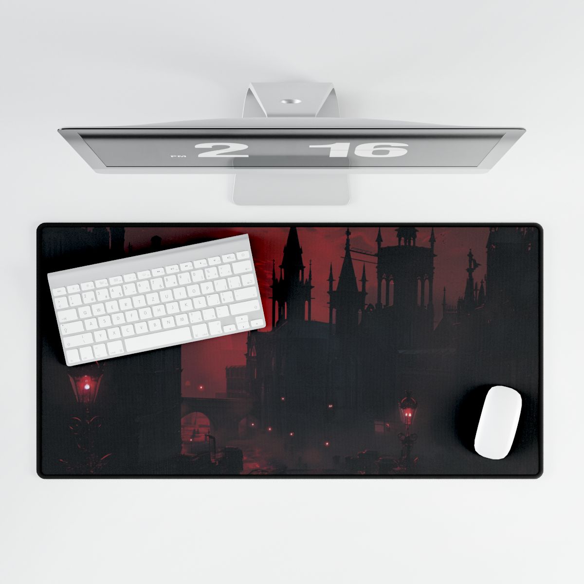Gothic Cityscape at Dusk: Ethereal Misty Architecture Art - Desk Mat