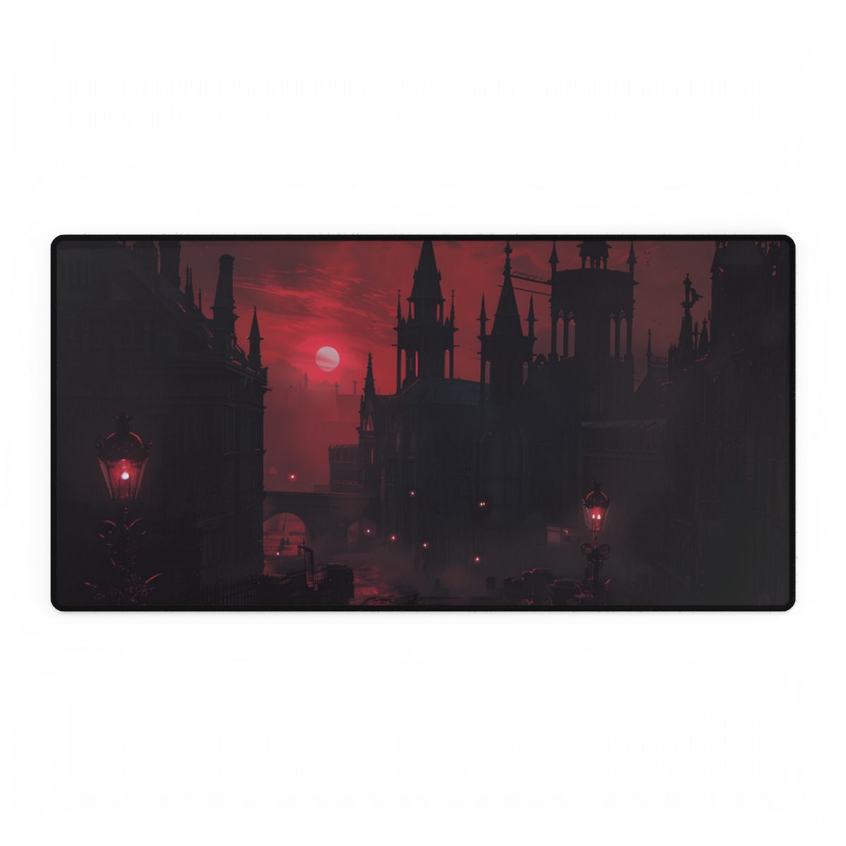 Gothic Cityscape at Dusk: Ethereal Misty Architecture Art - Desk Mat