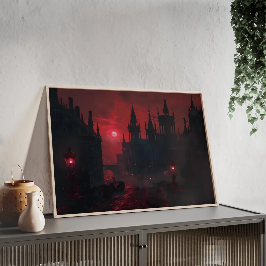 Gothic Cityscape at Dusk: Ethereal Misty Architecture Art - Framed Poster