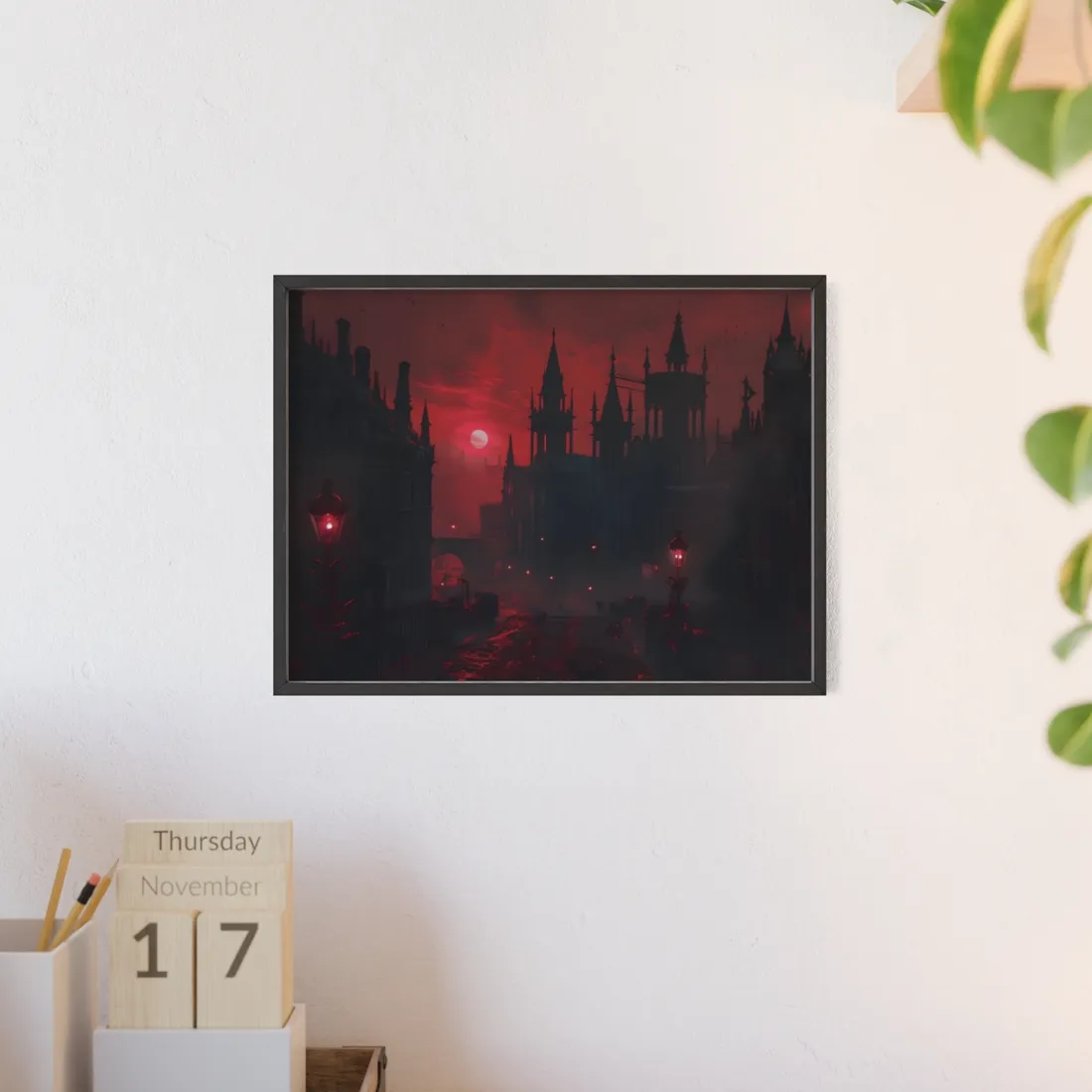 Gothic Cityscape at Dusk: Ethereal Misty Architecture Art - Framed Poster