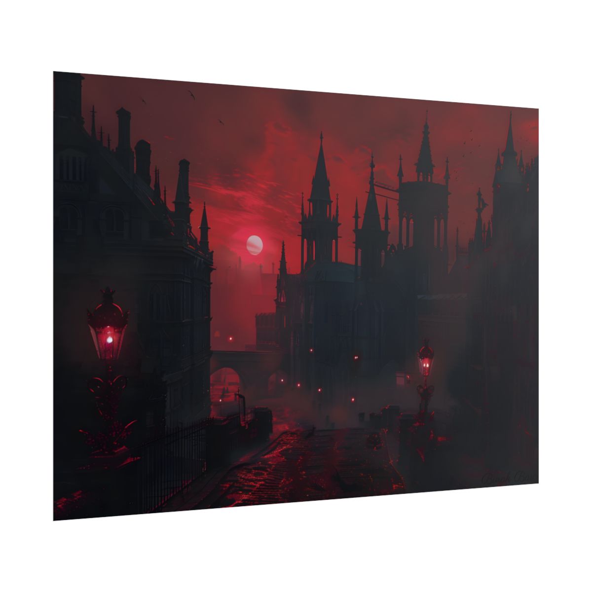 Gothic Cityscape at Dusk: Ethereal Misty Architecture Art - Poster