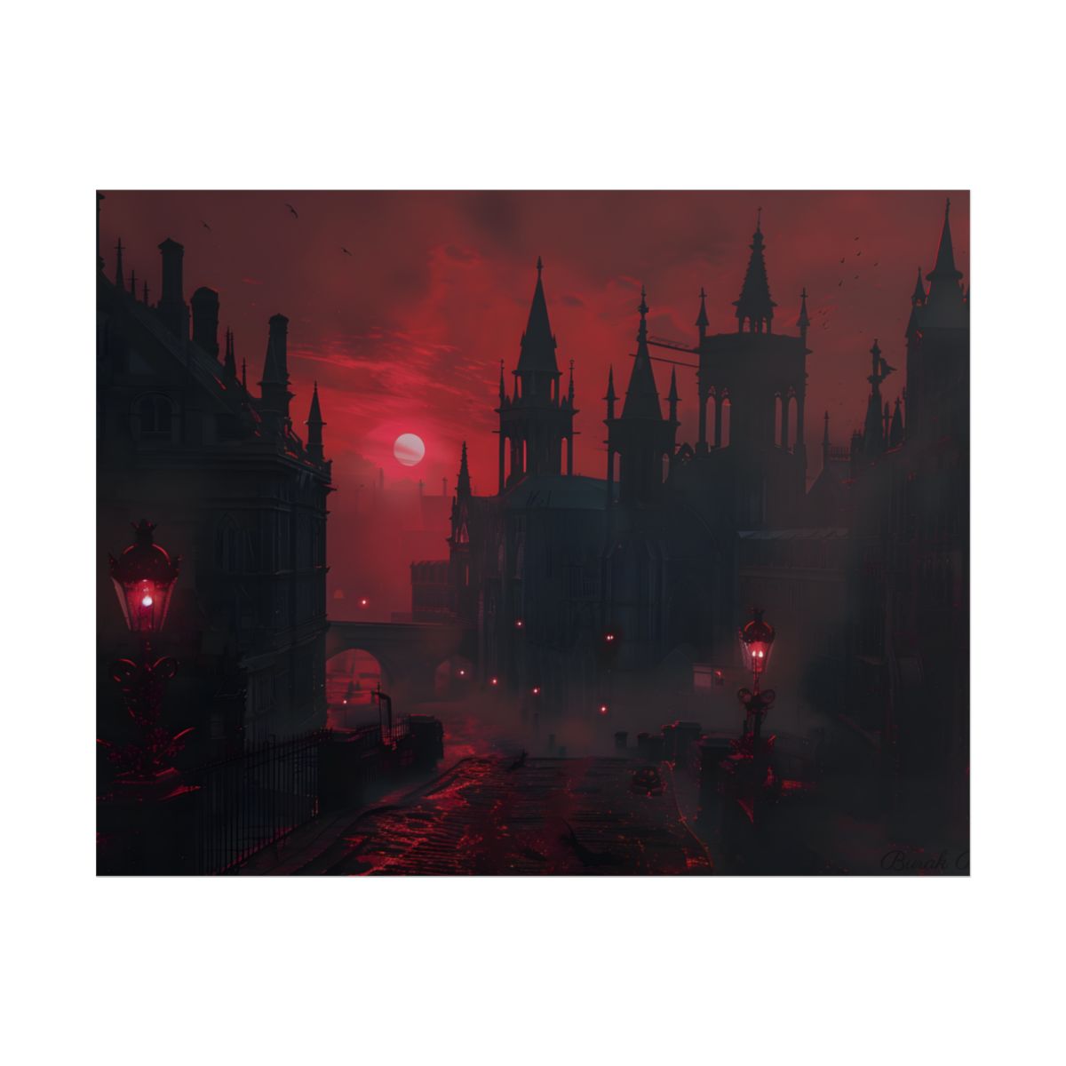 Gothic Cityscape at Dusk: Ethereal Misty Architecture Art - Poster