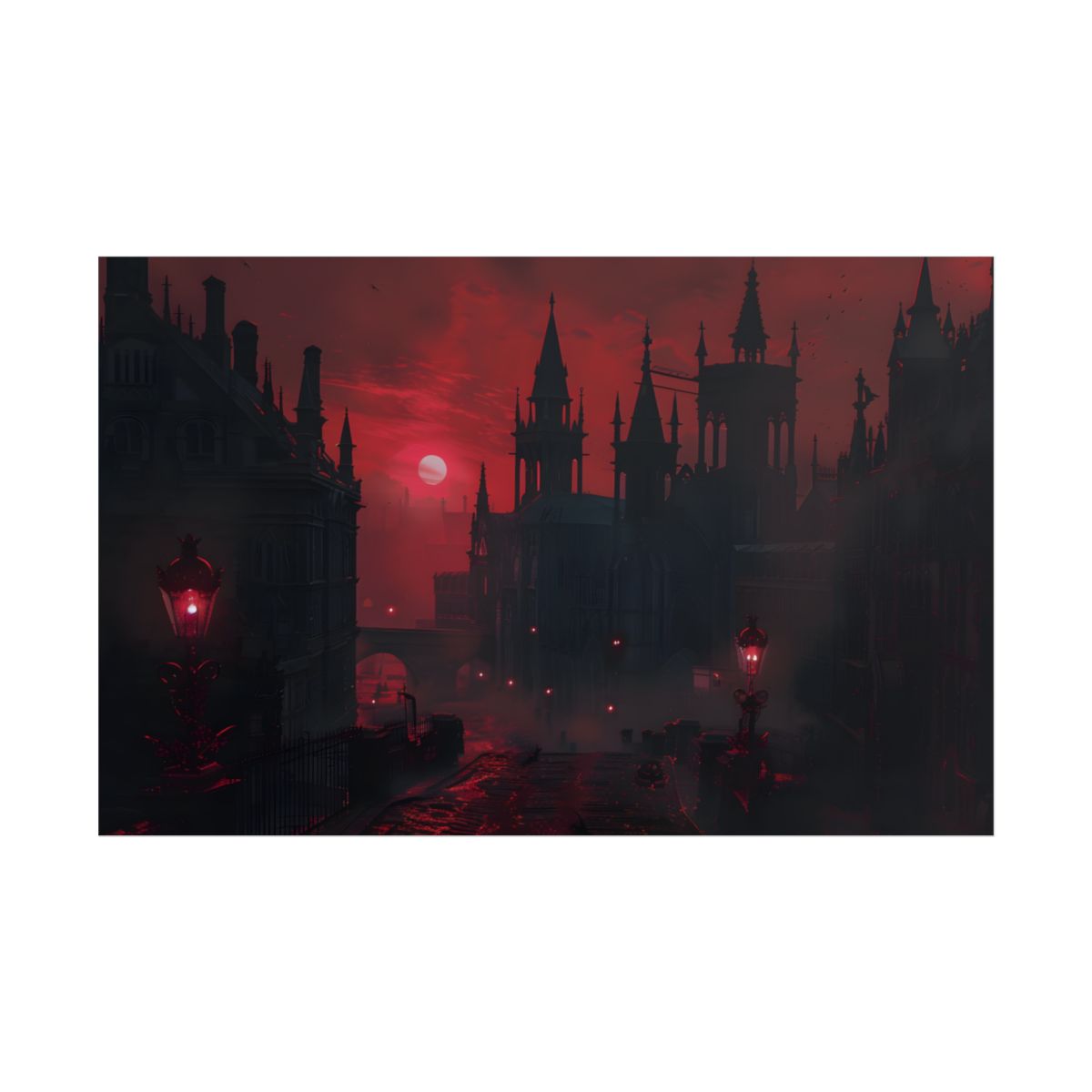 Gothic Cityscape at Dusk: Ethereal Misty Architecture Art - Poster