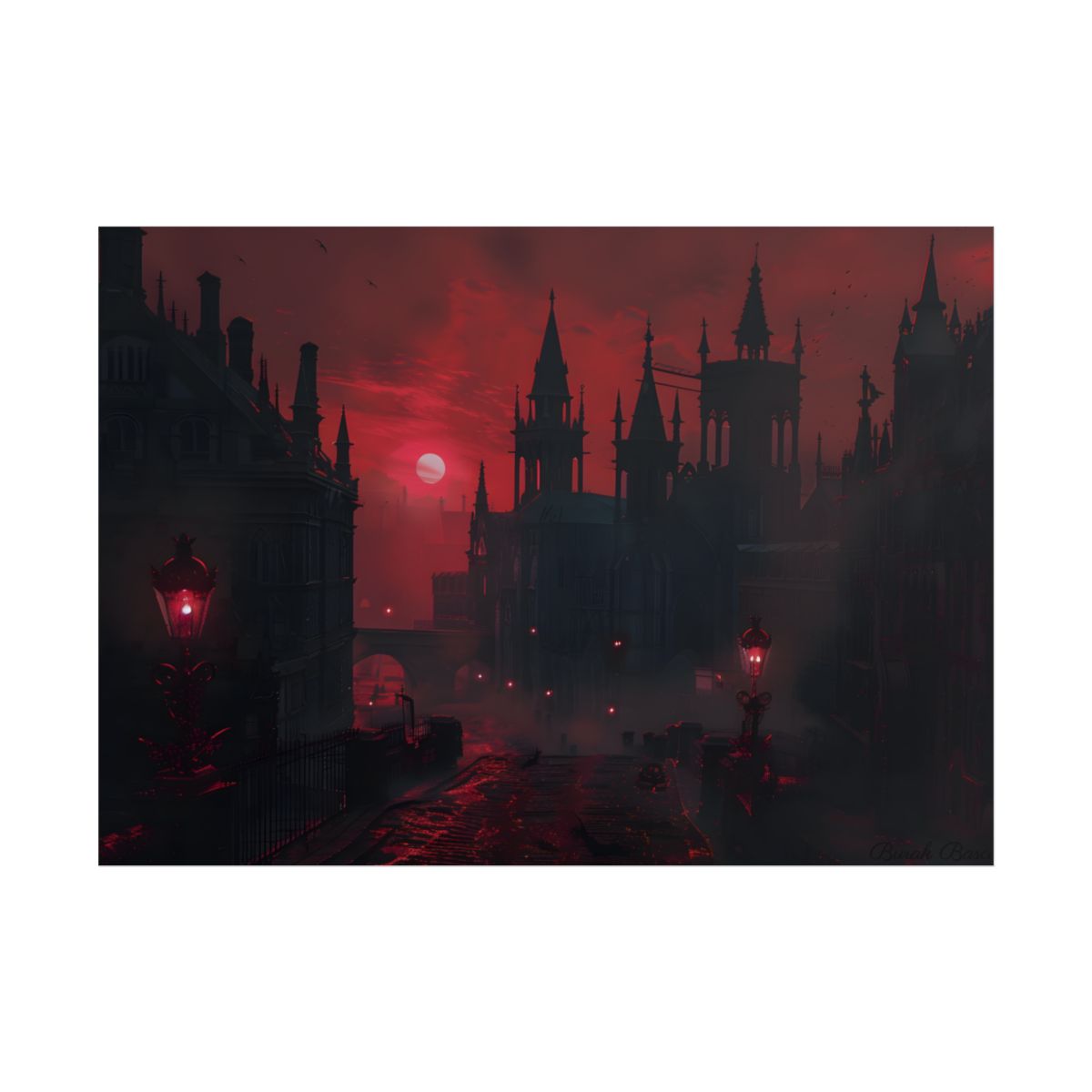 Gothic Cityscape at Dusk: Ethereal Misty Architecture Art - Poster