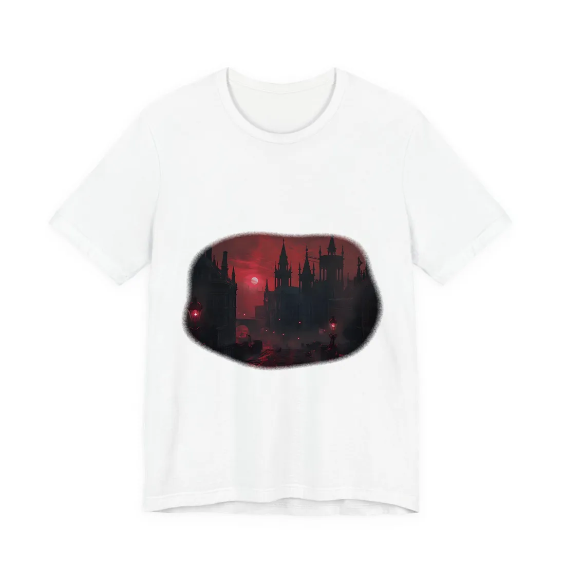 Gothic Cityscape at Dusk: Ethereal Misty Architecture Art - T-Shirt (White)