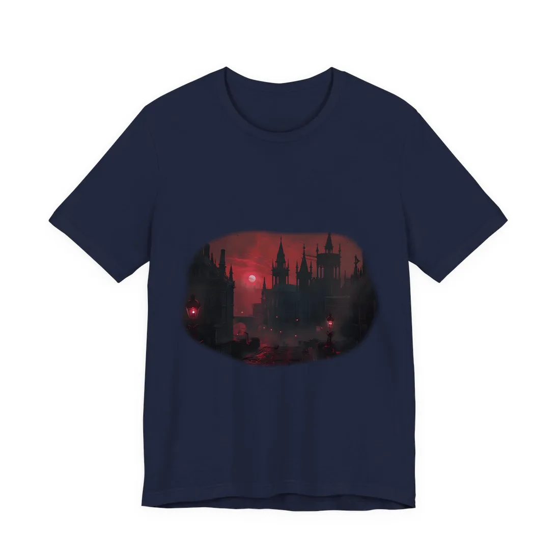 Gothic Cityscape at Dusk: Ethereal Misty Architecture Art - T-Shirt (Navy)