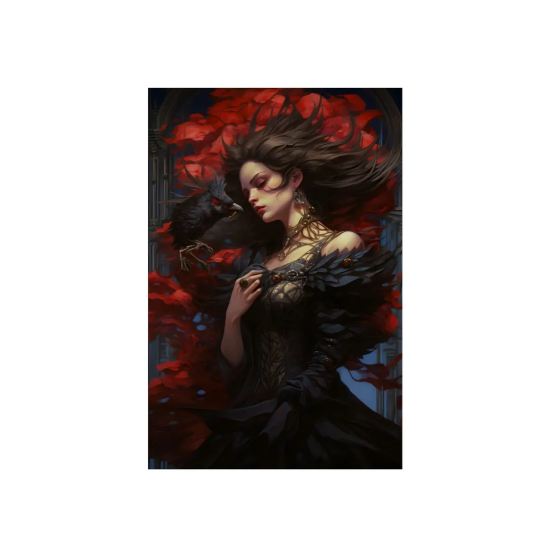Gothic Raven Companion: Dark Romantic Woman Portrait - Metal Poster