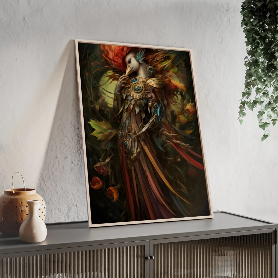 Grand Statue of a Majestic Bird in Serene Setting - Framed Poster
