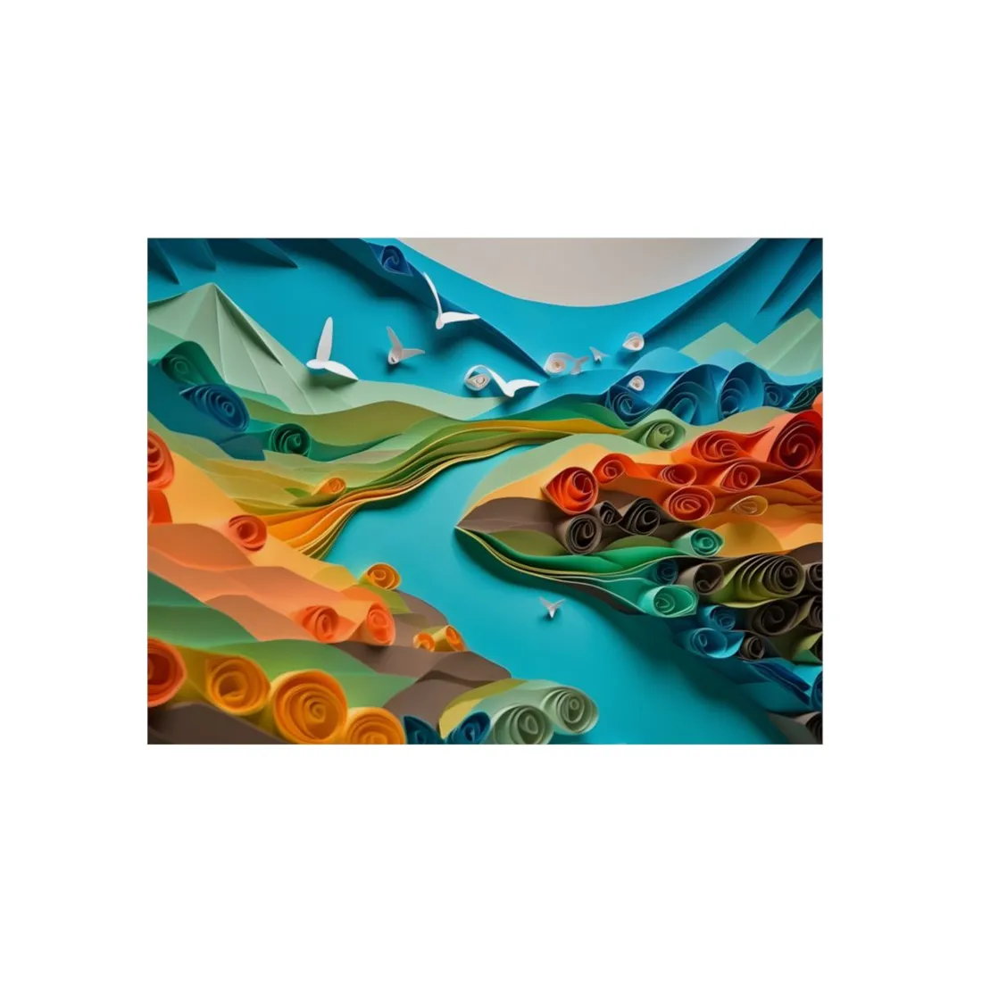 Green Hills and Blossoms: Paper Quilling Landscape - Metal Poster
