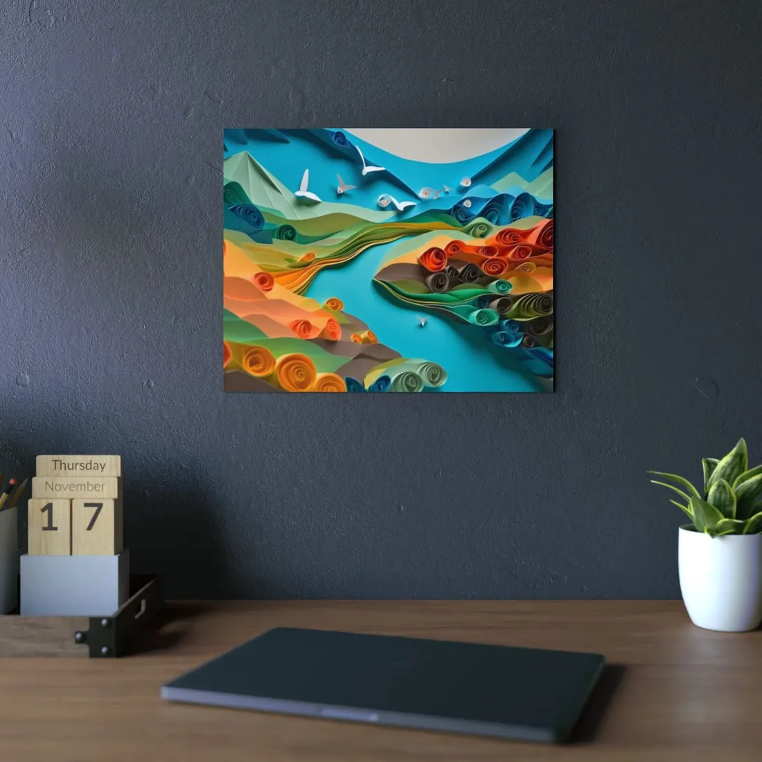 Green Hills and Blossoms: Paper Quilling Landscape - Metal Poster
