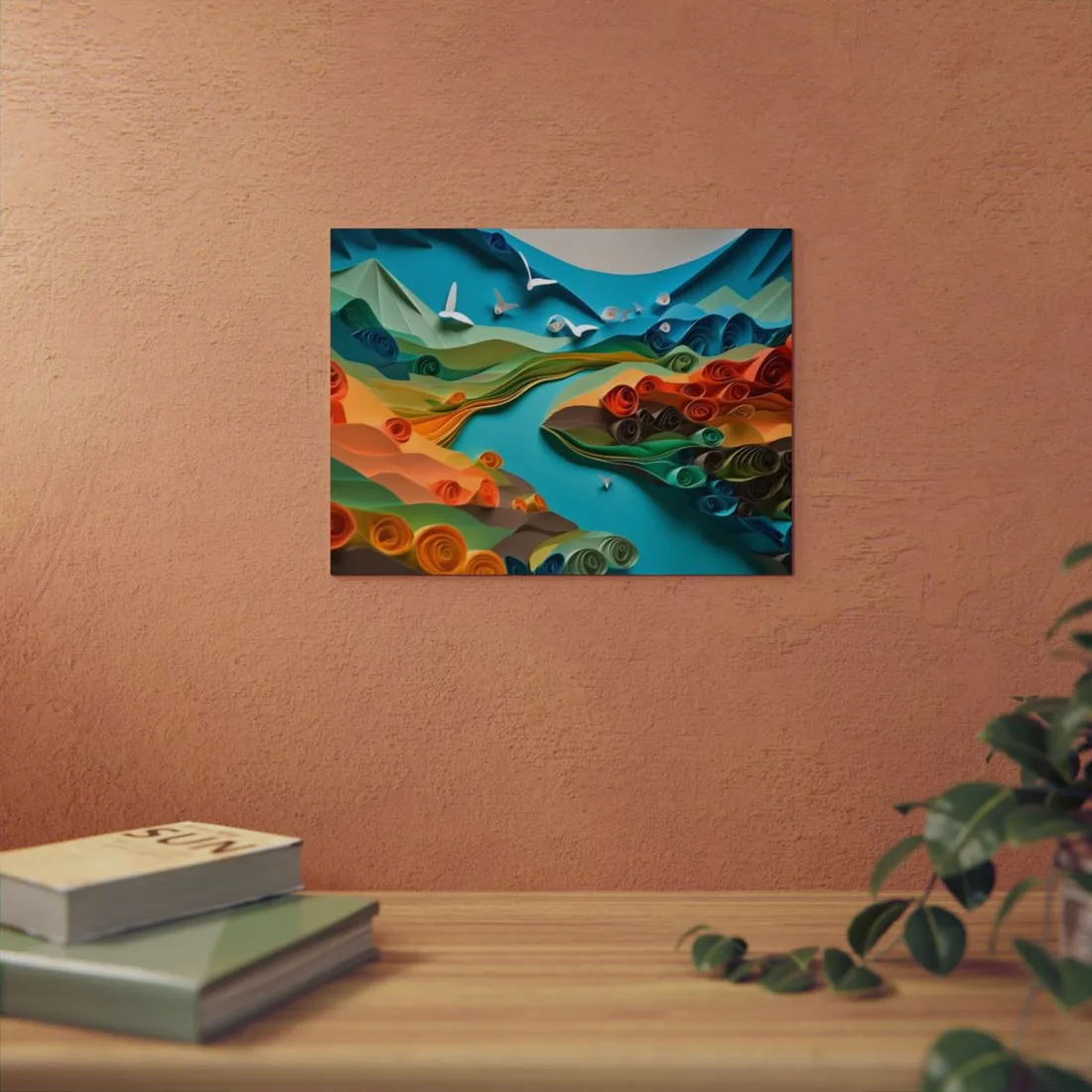 Green Hills and Blossoms: Paper Quilling Landscape - Metal Poster