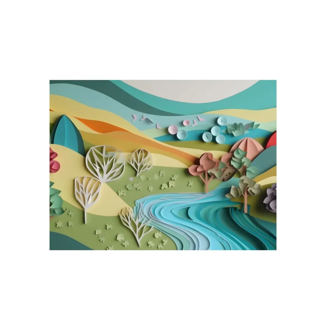 Green Hills River Valley: Paper Quilling Landscape - Metal Poster