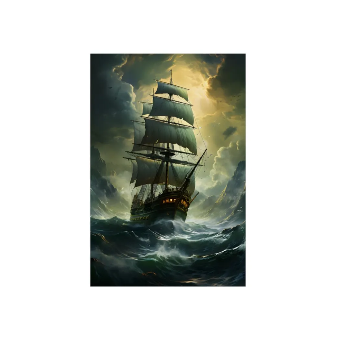 Green Realism: Majestic Ship Oil Painting - Metal Poster