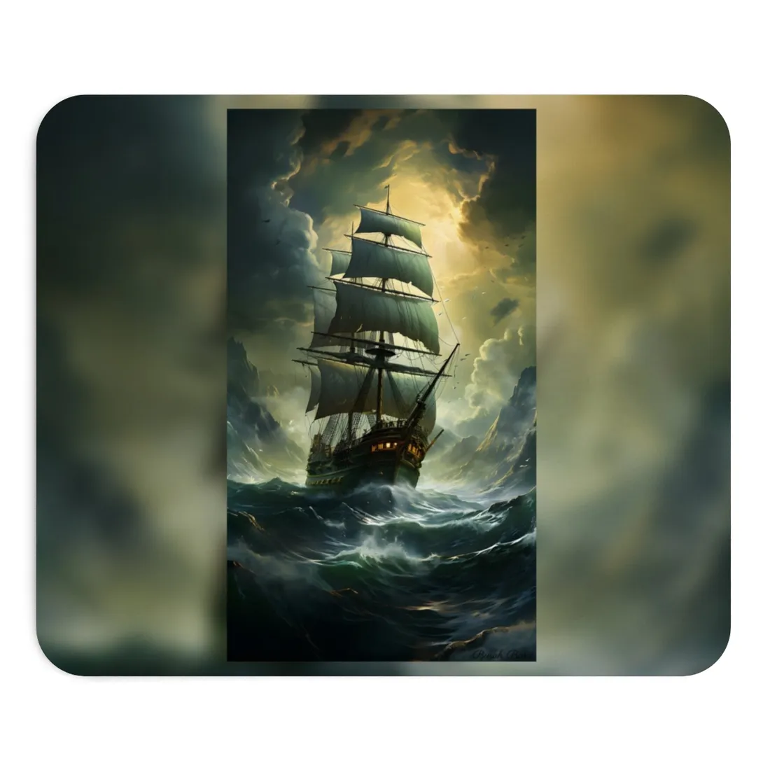Green Realism: Majestic Ship Oil Painting - Mouse Pad