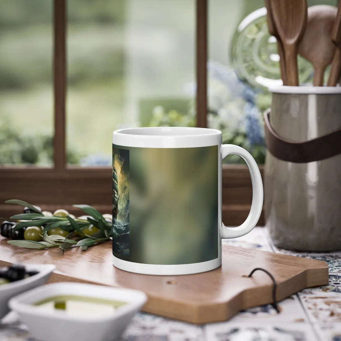 Green Realism: Majestic Ship Oil Painting - Mug