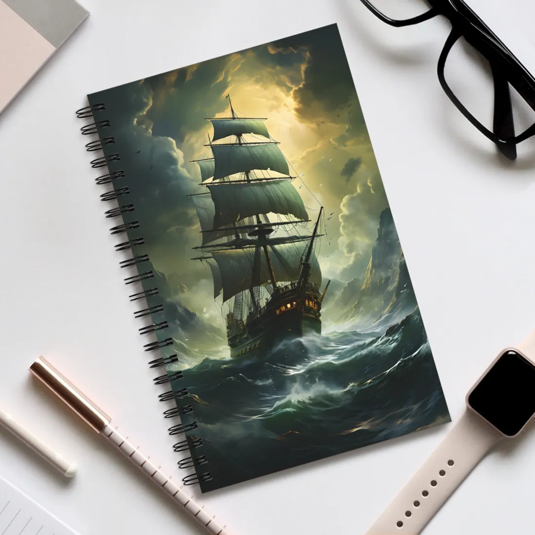 Green Realism: Majestic Ship Oil Painting - Spiral Notebook