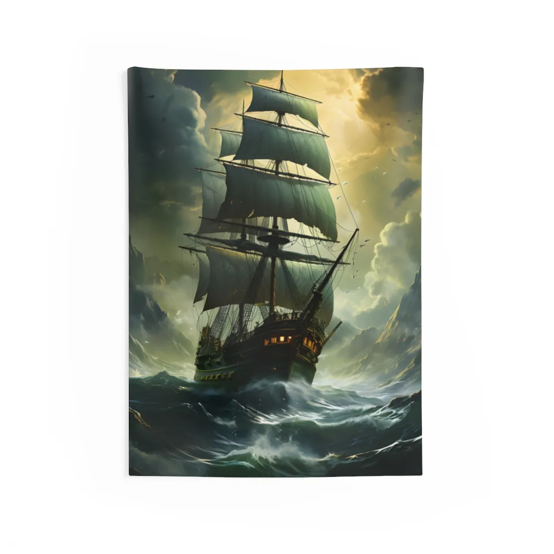 Green Realism: Majestic Ship Oil Painting - Wall Tapestry