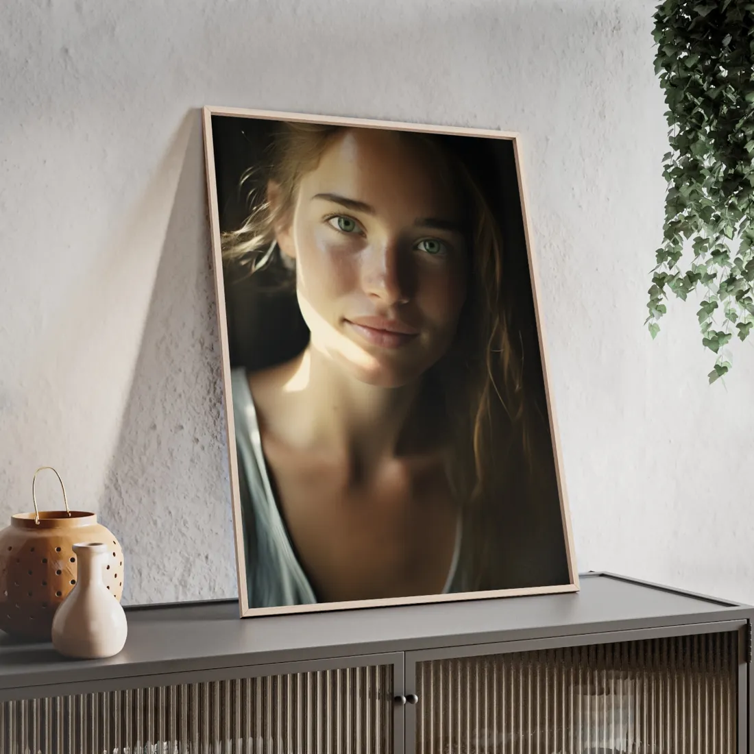 Grinning Woman: Close-Up Portrait with Joyful Expression - Framed Poster