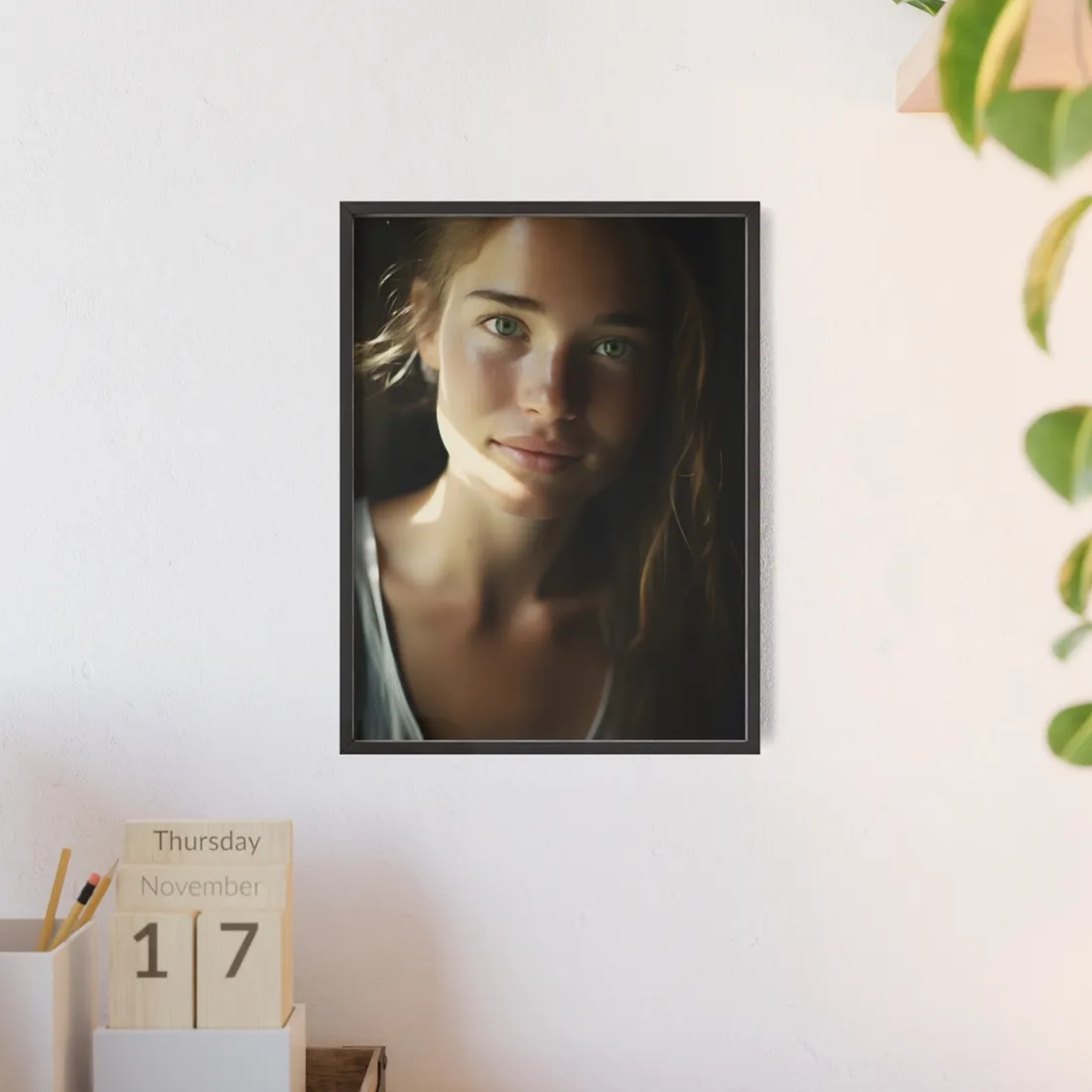 Grinning Woman: Close-Up Portrait with Joyful Expression - Framed Poster