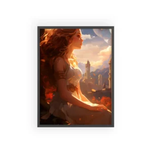 Woman Overlooking City at Sunset Framed Poster