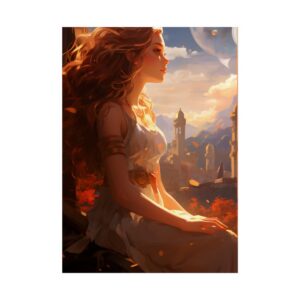 Woman Overlooking City at Sunset Poster