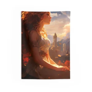 Woman Overlooking City at Sunset Wall Tapestry
