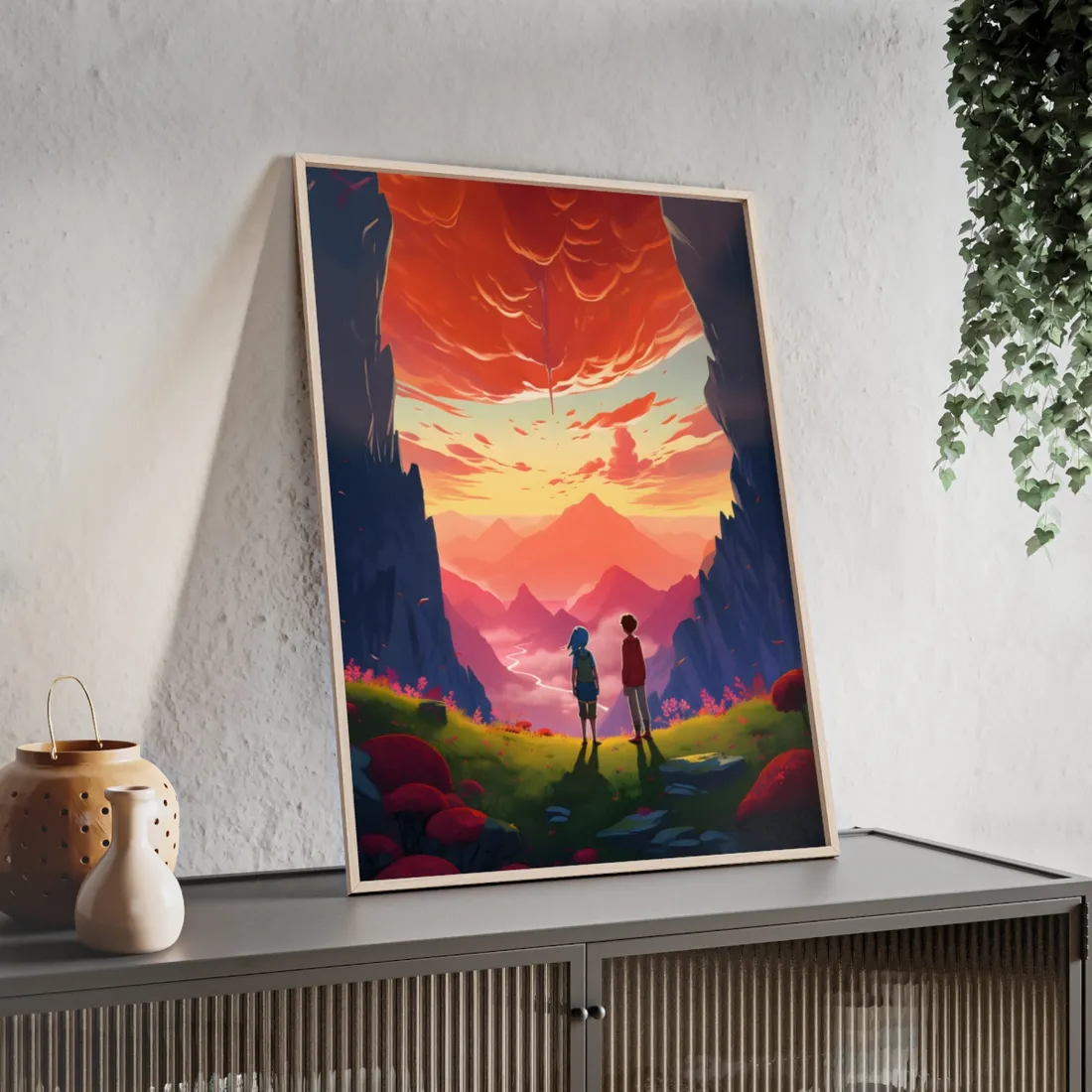 Happy Kids in a Cloudy Meadow: A Peaceful Scene - Framed Poster