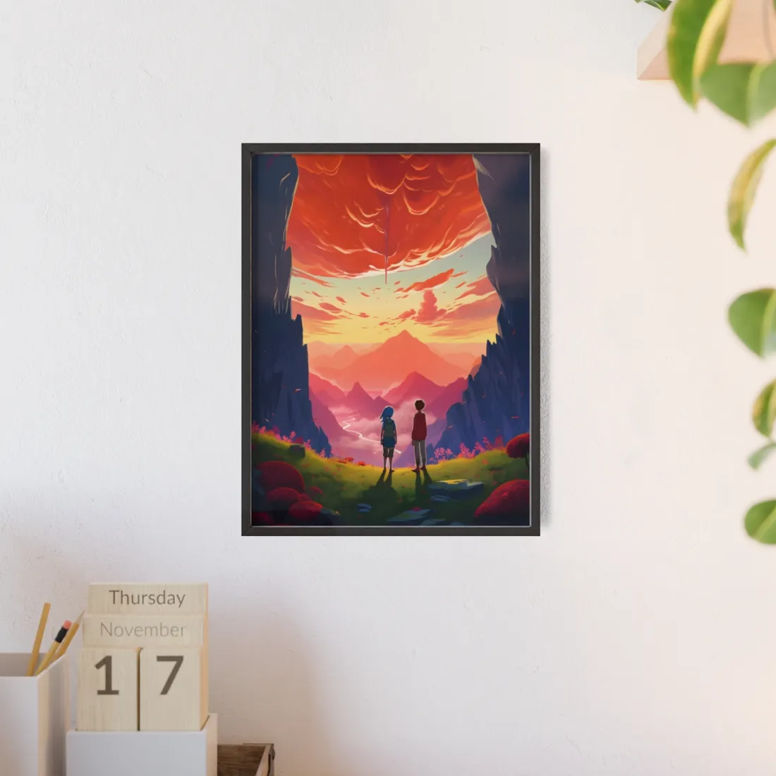 Happy Kids in a Cloudy Meadow: A Peaceful Scene - Framed Poster