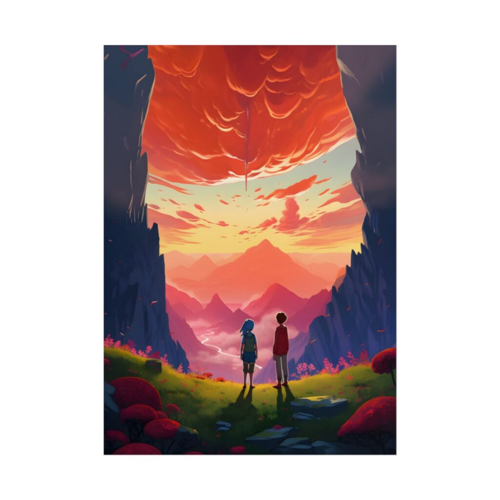 Happy Kids in a Cloudy Meadow: A Peaceful Scene - Poster