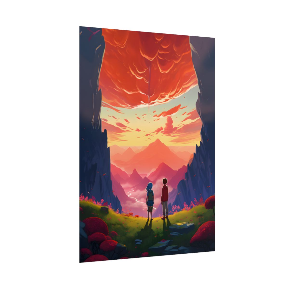 Happy Kids in a Cloudy Meadow: A Peaceful Scene - Poster